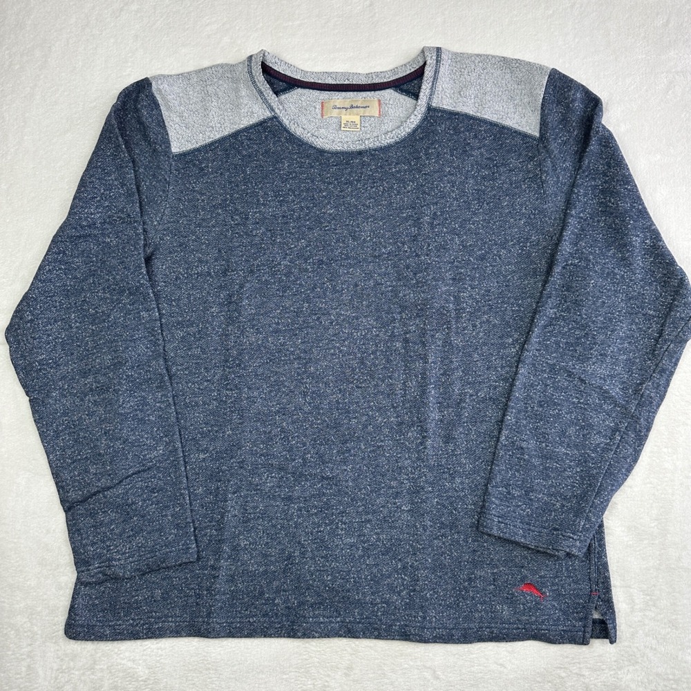 Tommy Bahama Mens XL Blue Marled Long Sleeve Pullover Contrast Shoulder Crewneck